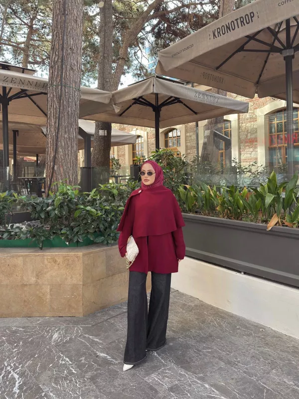 Bordo Şallı Panço Ceket 2544