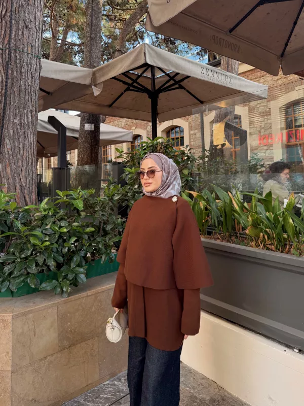 Kahverengi Şallı Panço Ceket 2544