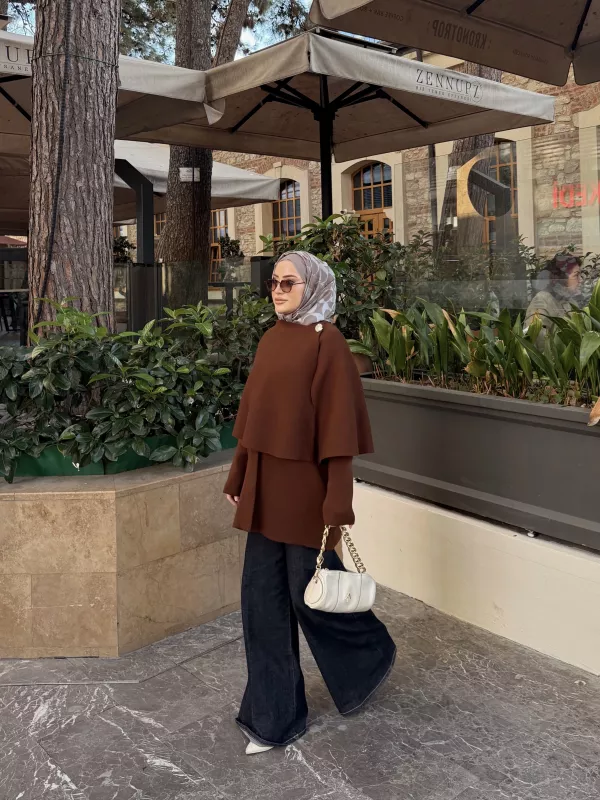 Kahverengi Şallı Panço Ceket 2544