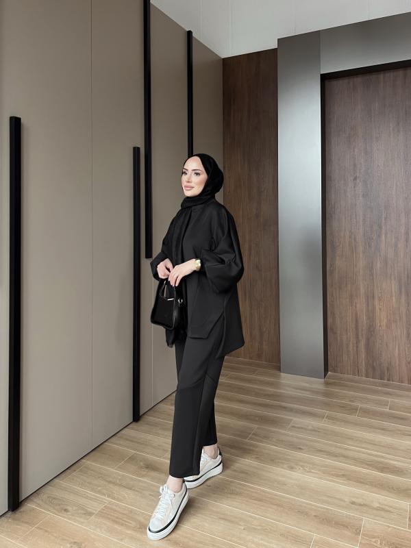 SİYAH POÇİ ASİMETRİK TAKIM 1107