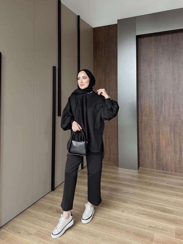 SİYAH POÇİ ASİMETRİK TAKIM 1107