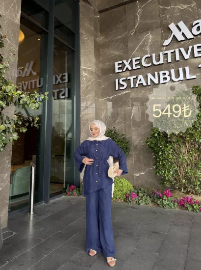 LACİVERT  SAHRA KETEN TAKIM 6166