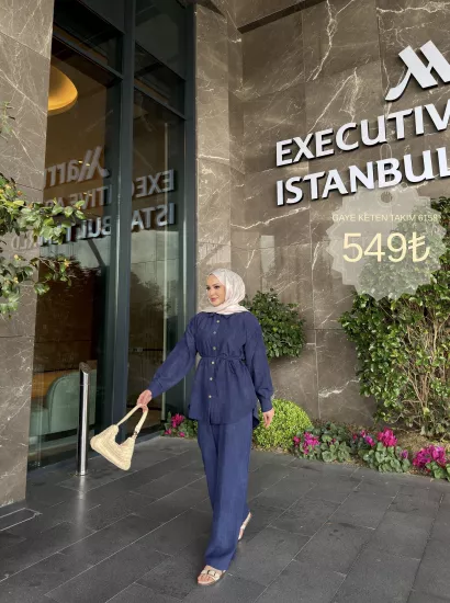 LACİVERT  GAYE  KETEN TAKIM 6158