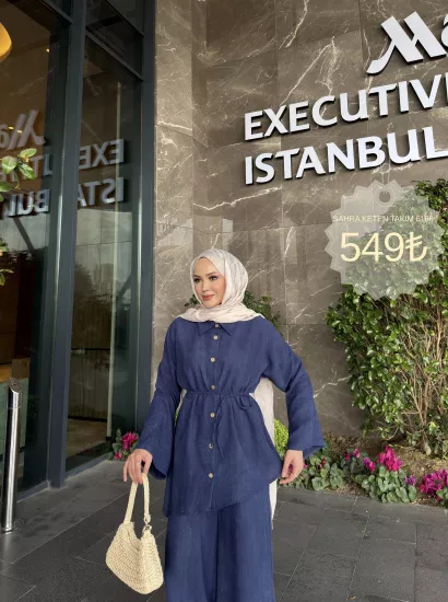 LACİVERT  SAHRA KETEN TAKIM 6166