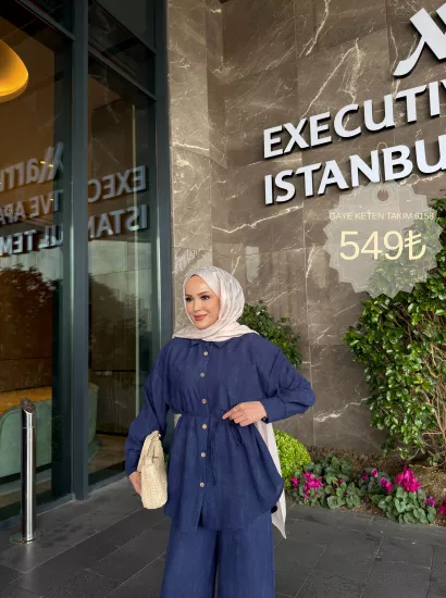 LACİVERT  GAYE  KETEN TAKIM 6158