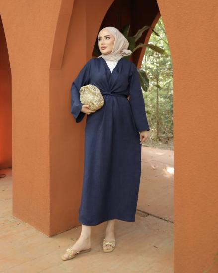 LACİVERT KETEN BAGLAMALI ELBİSE 3937