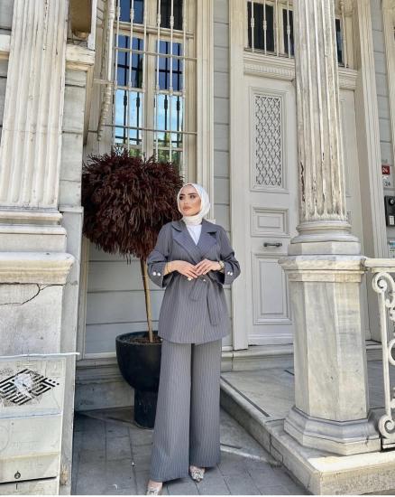 GRİY ÇİZGİLİ CEKET TAKIM 6102