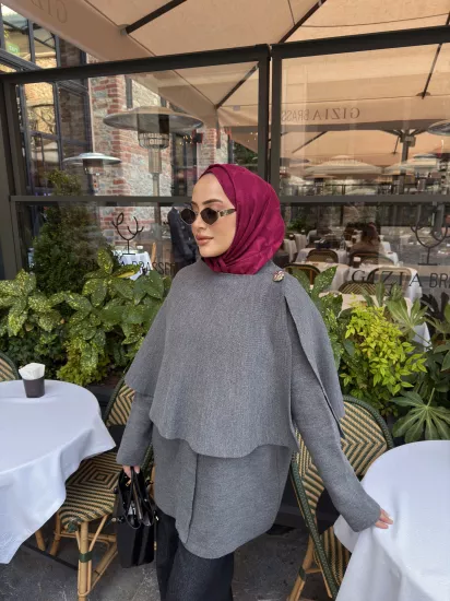 Antrasit Şallı Panço Ceket 2544