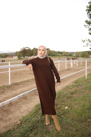 Kahverengi  Basic Triko Elbise 1031