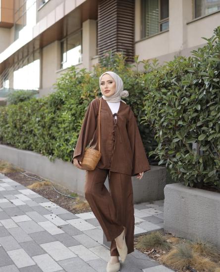 KAHVE KETEN KİMONA TAKIM 3737