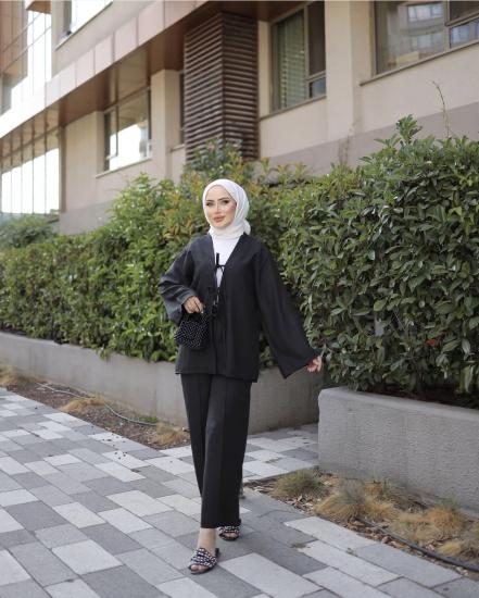 SİYAH KETEN KİMONA TAKIM 3737