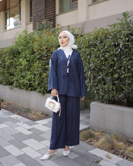 LACİVERT KETEN KİMONA TAKIM 3737