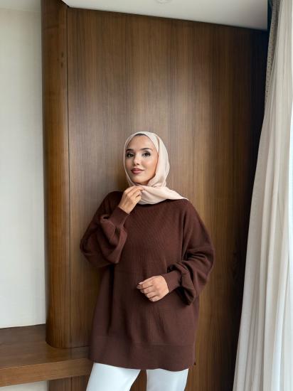 Kahverengi j Balon Kol Triko Tunik 2508