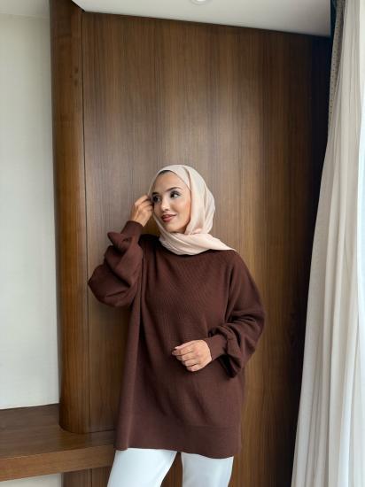 Kahverengi j Balon Kol Triko Tunik 2508