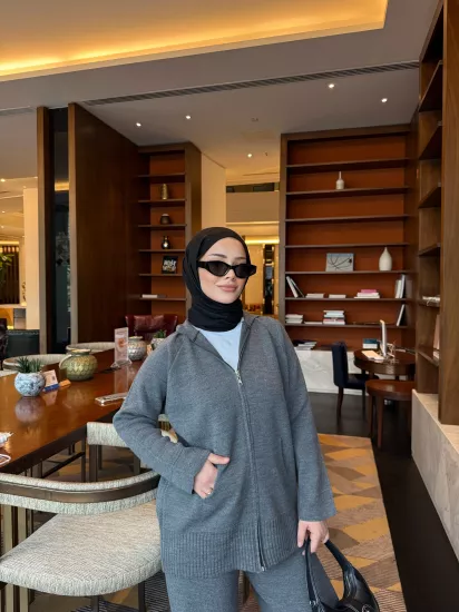 Antrasit  Kapişonlu Hırka Triko Takım  2507