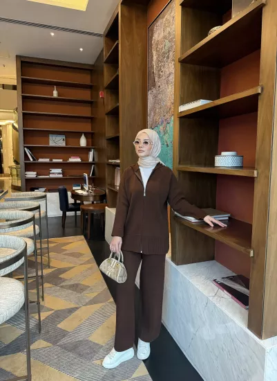 Kahverengi  Kapişonlu Hırka Triko Takım 2507