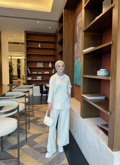 Bej  Kapişonlu Hırka Triko Takım 2507