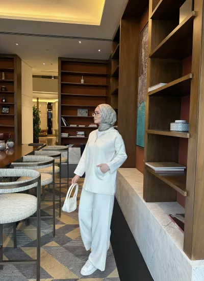 Bej  Kapişonlu Hırka Triko Takım 2507