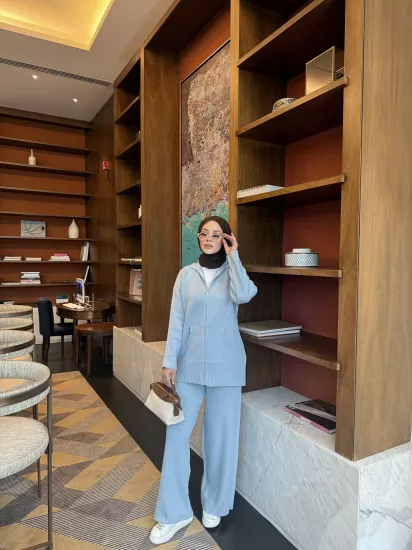 Mavi Kapişonlu Hırka Triko Takım 2507