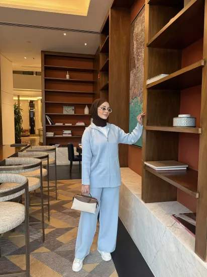 Mavi Kapişonlu Hırka Triko Takım 2507