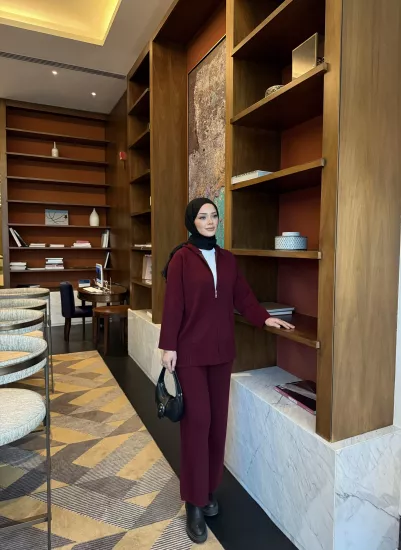 Bordo Kapişonlu Hırka Triko Takım 2507