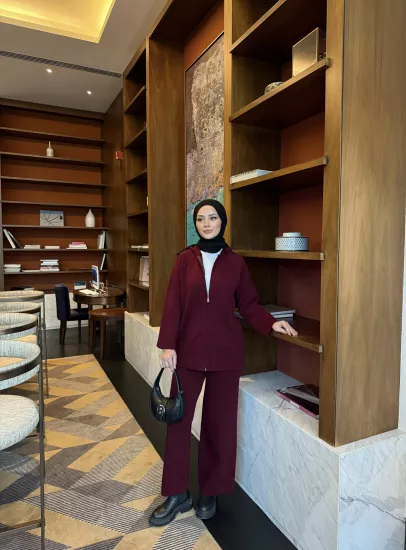 Bordo Kapişonlu Hırka Triko Takım 2507