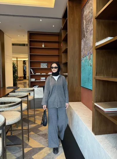 Antrasit  Kapişonlu Hırka Triko Takım  2507