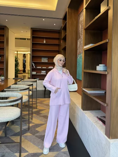 Pembe Kapişonlu Hırka Triko Takım 2507