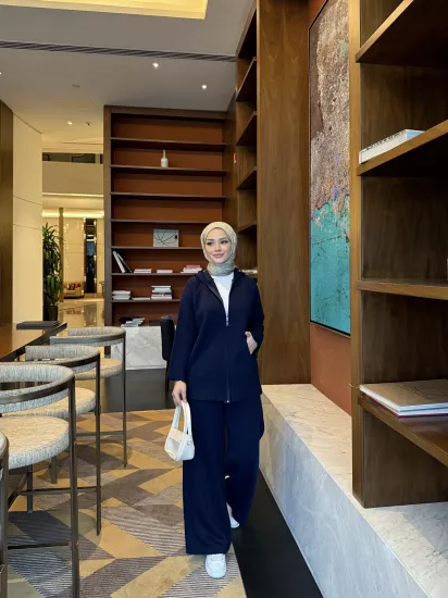 Lacivert Kapişonlu Hırka Triko Takım 2507