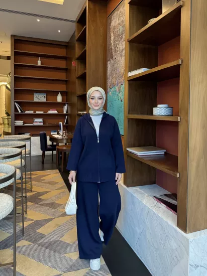 Lacivert Kapişonlu Hırka Triko Takım 2507